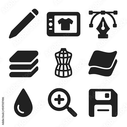 Digital Design Tools. Solid, filled icons set of digital fashion design tools: stylus pen, design tablet,