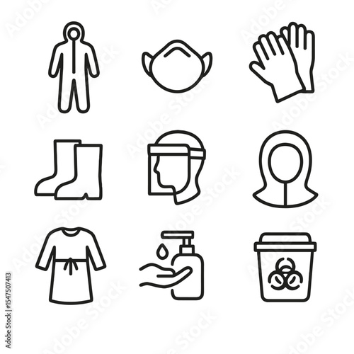 PPE Icon Set. Outline icon set of infectious disease ward PPE: full-body coverall, N95 respirator, double gloves, boot covers,