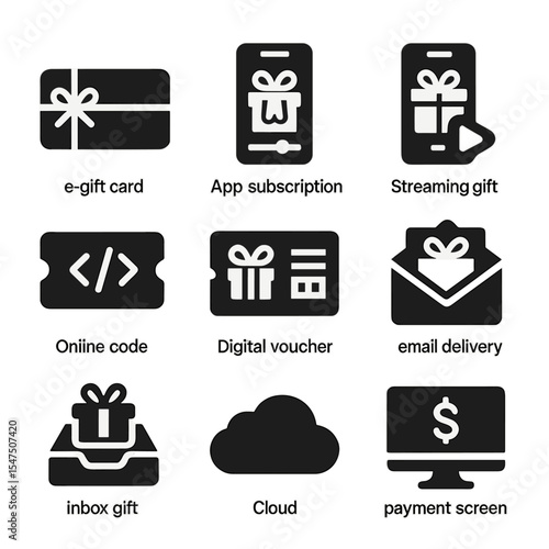 Digital Gifting Icons. Solid, filled icons set of digital gifting and subscriptions: e-gift card, app
