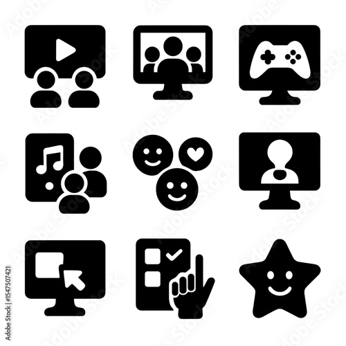 Digital Hangout Icons. Solid, filled icons set of digital hangouts and activities: watch party, group video,