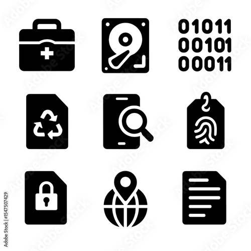 Digital Forensics Icons. Solid, filled icons set of digital forensics and cybersecurity investigations: