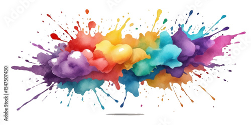 Colorful watercolor paint and ink splashes create vibrant, artistic designs on a white background, perfect for dynamic illustrations and decorative elements