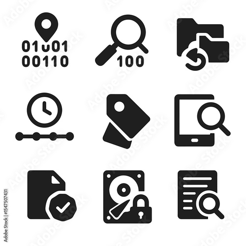 Digital Forensics Icons. Solid, filled icons set of digital forensics tools: data trace, binary search, file