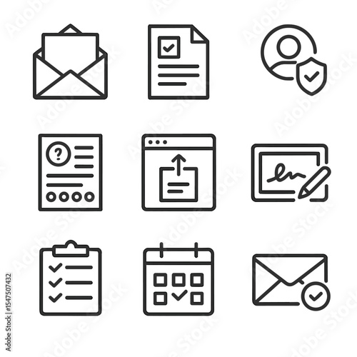 Client Onboarding Icons. Outline icon set of client onboarding process: welcome packet, account opening form, identity