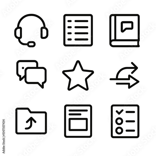 Virtual Support Icons. Outline icon set of virtual customer support: headset microphone, ticket queue list, knowledge base book,