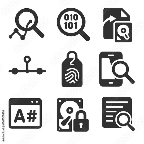 Digital Forensics Icons. Solid, filled icons set of digital forensics tools: data trace, binary search, file