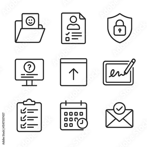 Client Onboarding Icons. Outline icon set of client onboarding process: welcome packet, account opening form, identity