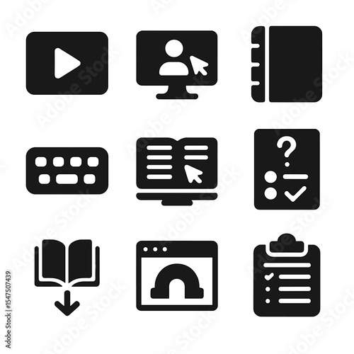 Digital Learning Icons. Solid, filled icons set of online and blended learning tools: video icon, screen share