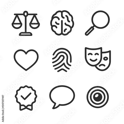 Objective vs Subjective Icons. Outline icon set of objective vs subjective reality: scale balance, brain silhouette, magnifying