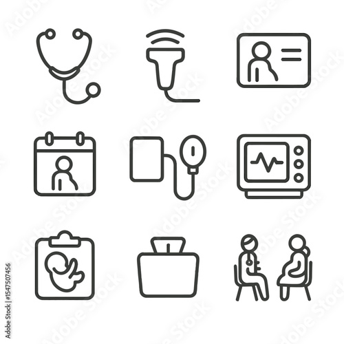 Prenatal Checkup Icons. Outline icon set of prenatal checkups: stethoscope, ultrasound probe, doctor's appointment card, calendar,