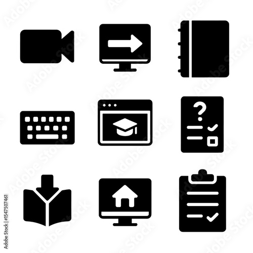 Digital Learning Icons. Solid, filled icons set of online and blended learning tools: video icon, screen share