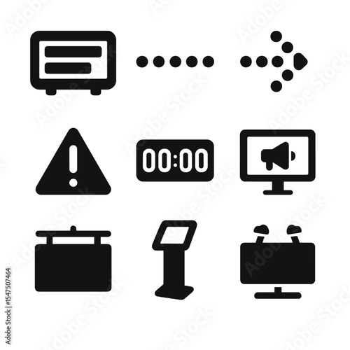 Digital Signage Icons. Solid, filled icons set of digital signage elements: scrolling text, ticker dots, dot