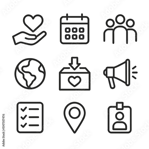 Volunteer Icon Set. Outline icon set of volunteer engagement planning: hand holding heart, calendar, people, globe, donation box,