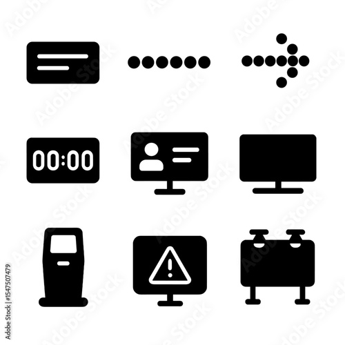 Digital Signage Icons. Solid, filled icons set of digital signage elements: scrolling text, ticker dots, dot