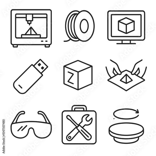 3D Printing Icons. Outline icon set of 3D printing makerspace: 3D printer, filament spool, CAD model, USB stick, calibration cube,