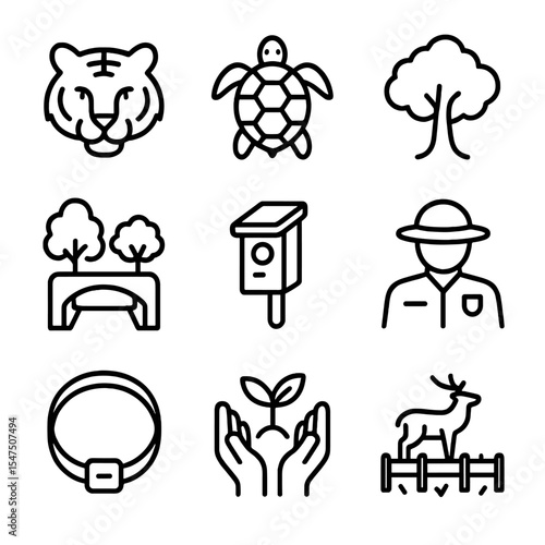 Wildlife Conservation Icons. Outline icon set of wildlife conservation: endangered tiger, sea turtle, rainforest tree, wildlife