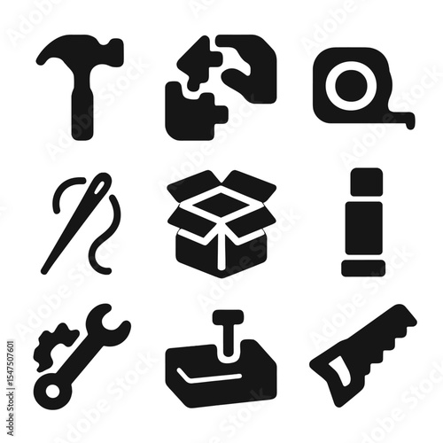 DIY Tools Icon Set. Solid, filled icons set of hands-on and DIY learning: hammer tool, build icon, measure