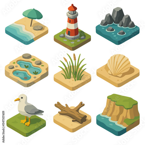 Coastal Landscape Icons. Isometric Flat icon set of coastal landscapes: sandy beach, lighthouse, rocky shore, tidal pool, dune