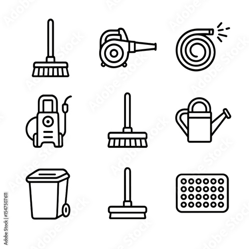 Outdoor Cleaning Icon Set. Outline icon set of outdoor patio cleaning scene: broom, leaf blower, garden hose, pressure washer,