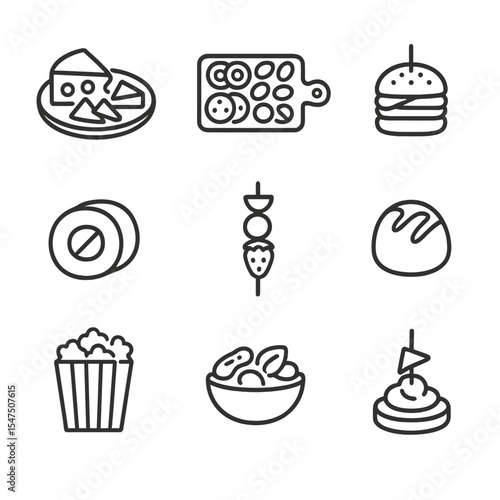 Party Snack Icons. Outline icon set of party food and snacks: cheese platter, charcuterie board, mini burger, sushi roll, fruit