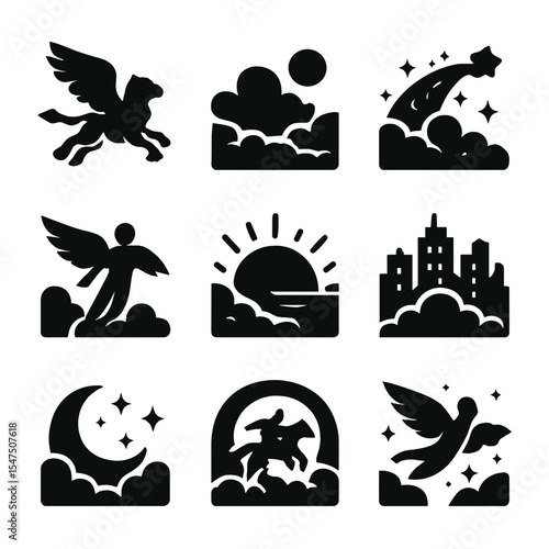 Dreamlike Sky Icons Grid. Solid, filled icons set of dreamlike sky travel scenes: griffin in flight, cloud sea