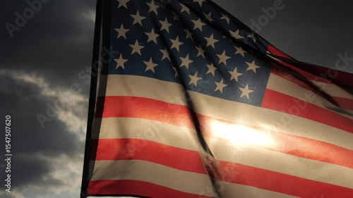 close up American flag waving in the wind against sunset with slow motion. outdoor background for 4th of July, Memorial Day, Independence Day, Veterans Day, Celebrate USA, American President Election