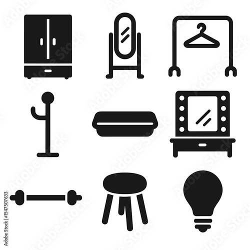 Dressing Room Icons. Solid, filled icons set of dressing room accessories: wardrobe icon, standing mirror,