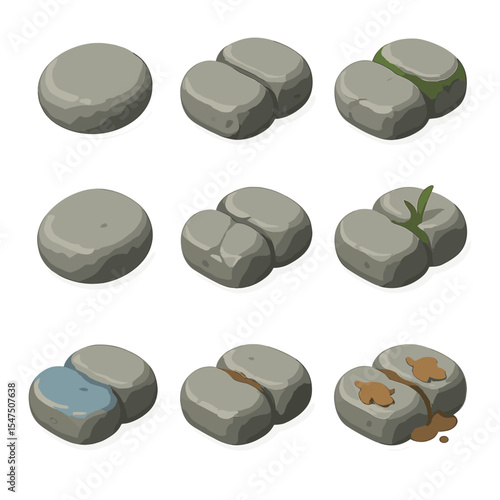 Cobblestone Icon Grid. Isometric Flat icon set of cobblestone pavement: rounded cobble, grout line, moss in joint, wear polish,