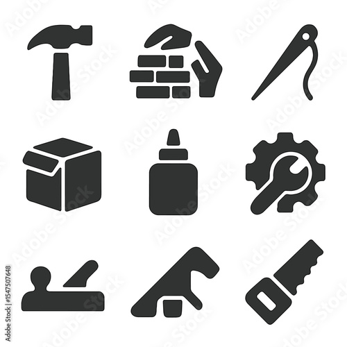 DIY Tools Icon Set. Solid, filled icons set of hands-on and DIY learning: hammer tool, build icon, measure
