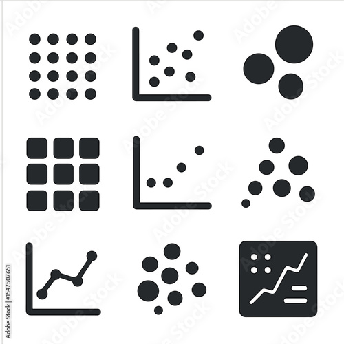 Dot-Based Chart Icons. Solid, filled icons set of dot-based charts and data: dot graph, scatter plot, bubble