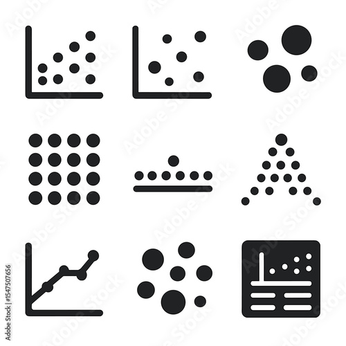 Dot-Based Chart Icons. Solid, filled icons set of dot-based charts and data: dot graph, scatter plot, bubble