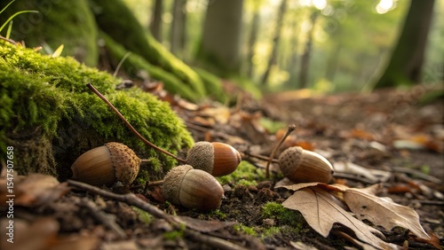 Acorns sprouting tiny roots in leaf litter, early germination phase on damp woodland floor