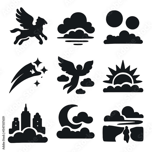 Dreamlike Sky Icons Grid. Solid, filled icons set of dreamlike sky travel scenes: griffin in flight, cloud sea