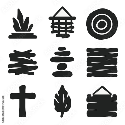 Driftwood Art Icons. Solid, filled icons set of driftwood art installations: rustic sculpture, wall hanging,