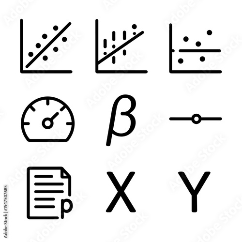 Regression Analysis Icons. Outline icon set of regression analysis: scatter plot, best-fit line, residual plot, R² gauge,