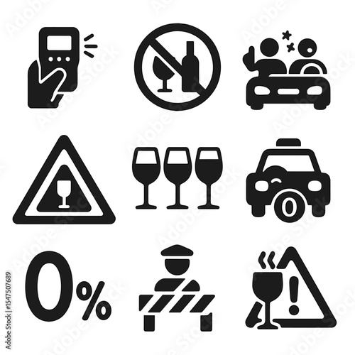 Drunk Driving Icons. Solid, filled icons set of drunk driving awareness: breathalyzer icon, no alcohol sign,