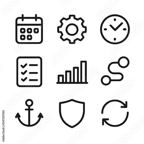 Reliability Icon Set. Outline icon set of reliability and consistency: calendar, gear, clock, checklist, stable bar chart, roadmap