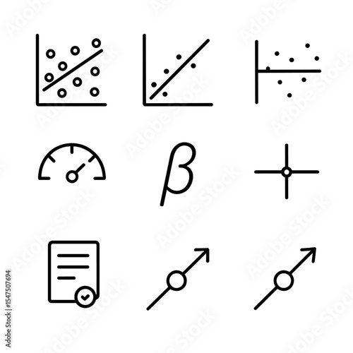 Regression Analysis Icons. Outline icon set of regression analysis: scatter plot, best-fit line, residual plot, R² gauge,