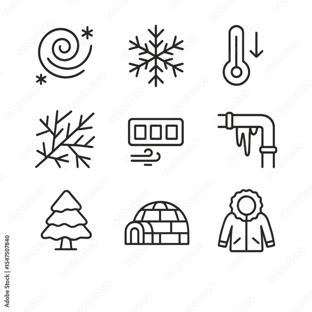 Fototapeta premium Polar Vortex Icons. Outline icon set of polar vortex and extreme cold: swirling cold front, frosted snowflake, temperature drop