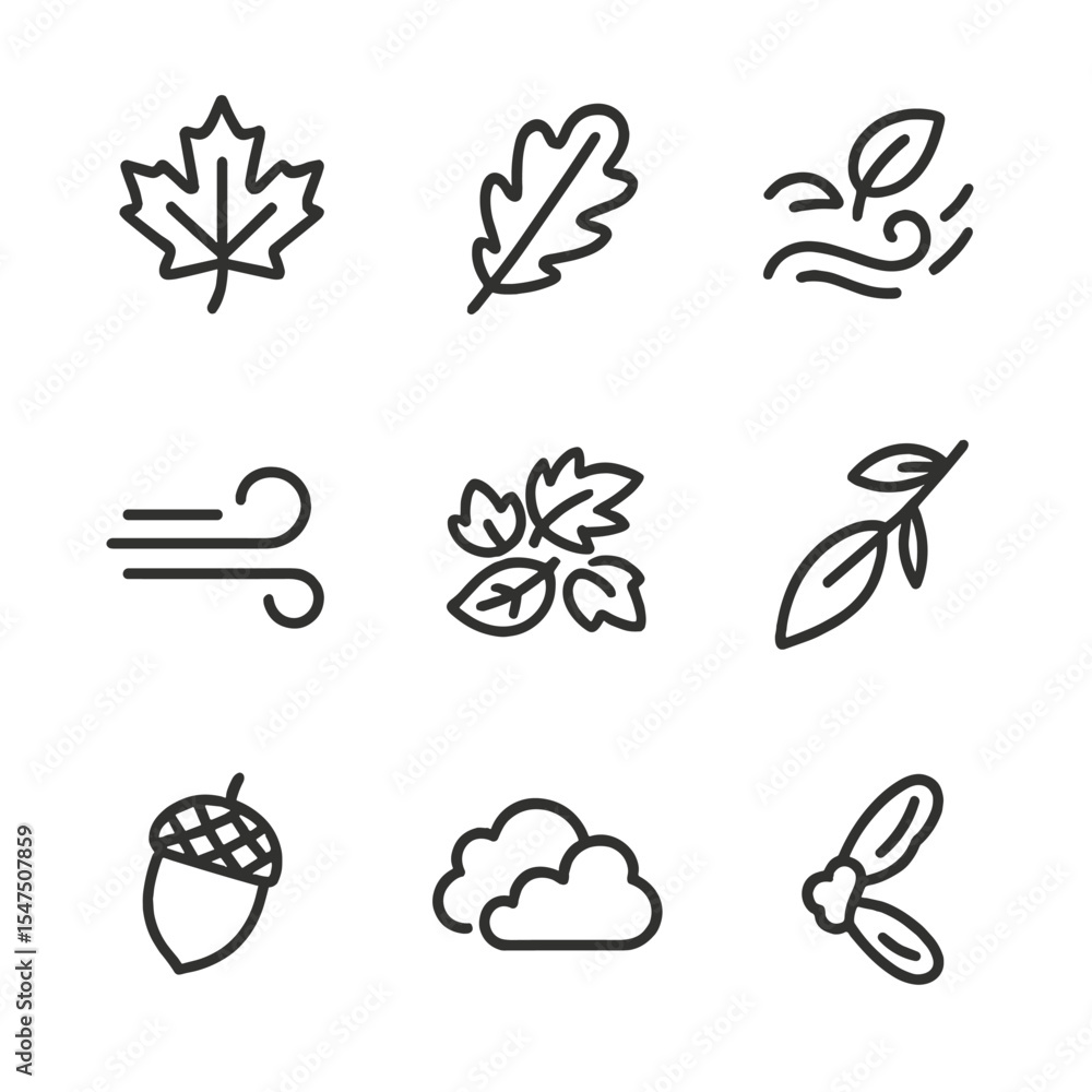 Fototapeta premium Communication and Autumn Icons. Outline icon set of communication and command posts: field radio, command van, satellite uplink,