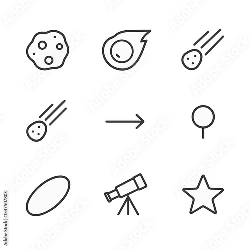 Comet Anatomy Icons. Outline icon set of comet anatomy: comet nucleus, coma, dust tail, ion tail, solar wind arrow, perihelion