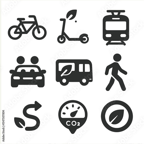 Eco-Friendly Transport Icons. Solid, filled icons set of eco-friendly transportation: bicycle, scooter, tram,