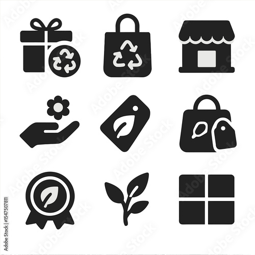 Eco-Friendly Holiday Icons. Solid, filled icons set of sustainable holiday gifting plans: recycled wrap,