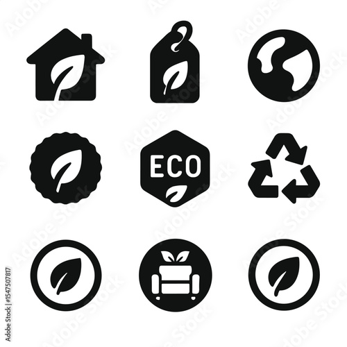 Eco-Friendly Icons Grid. Solid, filled icons set of environmentally friendly home branding: eco home logo,