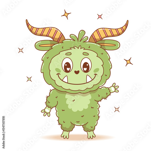 Cute green Monster. Cool Funny kawaii horned Character. Vector illustration. Kids collection for sticker, mascot and design
