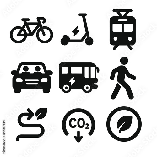 Eco-Friendly Transport Icons. Solid, filled icons set of eco-friendly transportation: bicycle, scooter, tram,