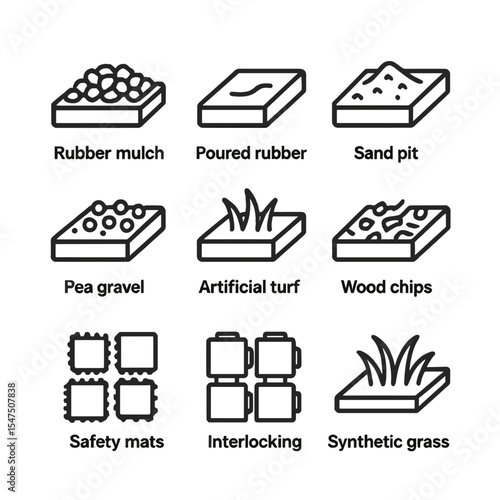 Playground Surface Icons. Outline icon set of playground surface options: rubber mulch, poured rubber, sand pit, pea gravel,