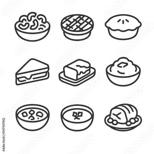 Comfort Food Icons. Outline icon set of comfort foods: macaroni and cheese, shepherd’s pie, chicken pot pie, grilled cheese,