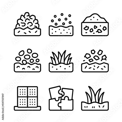 Playground Surface Icons. Outline icon set of playground surface options: rubber mulch, poured rubber, sand pit, pea gravel,