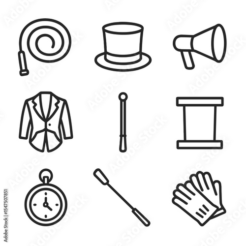 Ringmaster Icon Set. Outline icon set of ringmaster essentials: whip, top hat, megaphone, tailcoat, command baton, podium, pocket